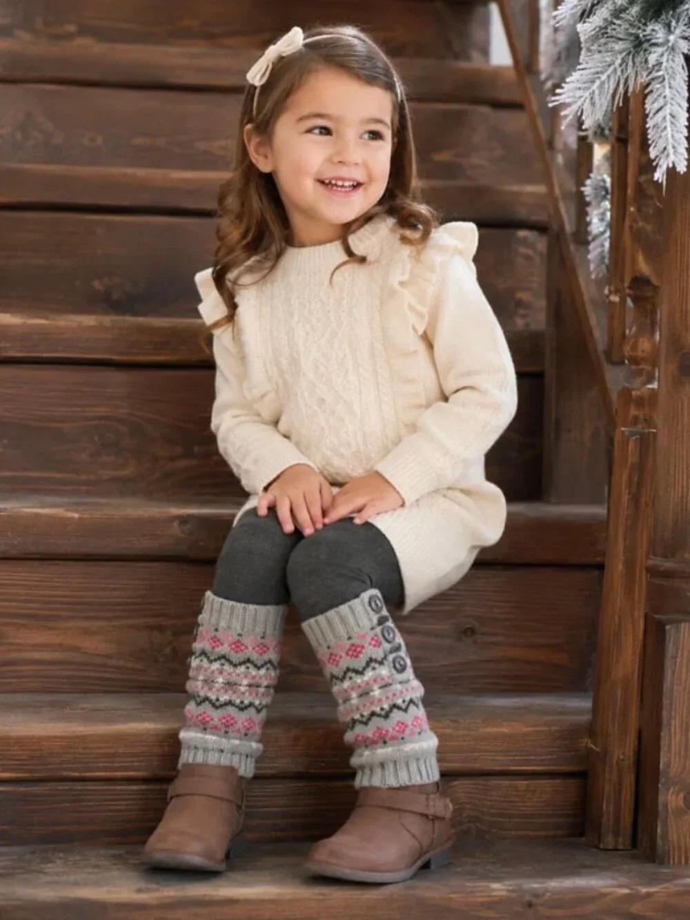 Toddler Girls Knit Leg Warmers Boot Cuffs Fair Isle Gray Pink Size 3T